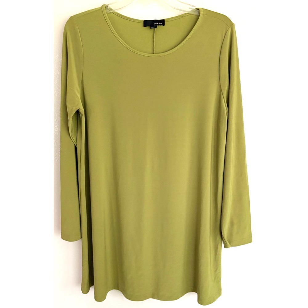 Sun Kim Tunic Shirt Womens Medium Olive Green Long Sleeve‎ Stretch Made In USA